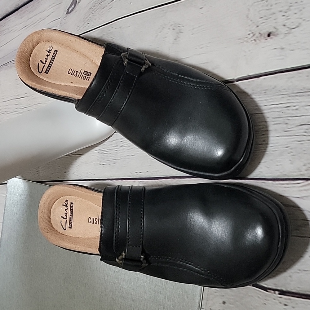 Clark's black slip on shoes
